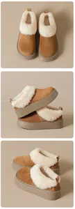 Detailed views of chestnut suede snow boots with thick platform and plush faux fur lining