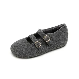 Dark gray wool Mary Jane shoes with double gold buckles and warm fleece lining