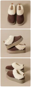 Detail view of winter platform snow boots with thick faux shearling lining and suede upper