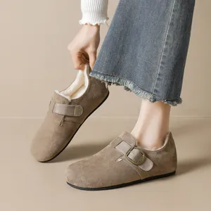 Mules en daim pour femme avec doublure polaire chaude et boucle rétro à semelle épaisse