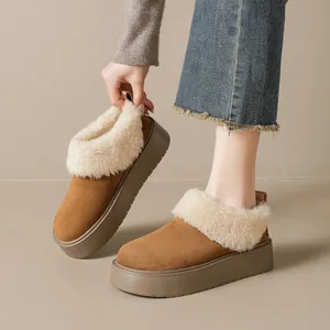 Women's warm platform snow boots in tan suede with thick faux fur lining and plush trim