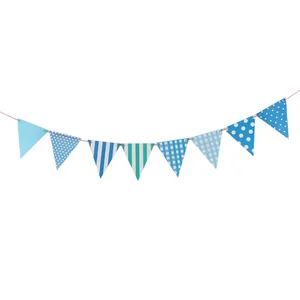Blue checkered and striped paper bunting flags for kids party and wedding decorations
