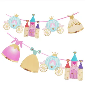 Princess Castle Party Garland Bunting For Girls Birthday Decorations Paper Flag Gold Stamping Glitter Pumpkin Carriage Theme Banner