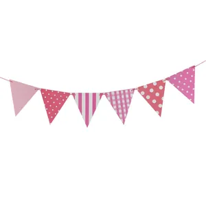 Pink checkered and striped paper bunting flags for party and wedding decorations
