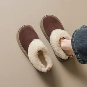Women's warm platform snow boots with dark brown suede and thick faux fur lining