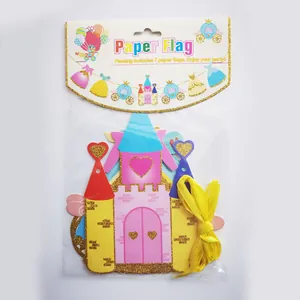 Nordic princess castle paper flag banner set with pink carriage for girl birthday party