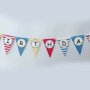Banderines de papel Happy Birthday coloridos con lunares y rayas para decoraciones de fiesta