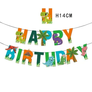 Close-up of 14cm dinosaur themed Happy Birthday banner with colorful cartoon letters
