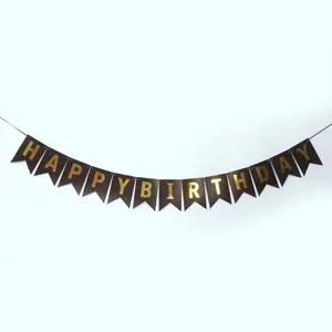 Black and gold Happy Birthday banner with swallowtail flags for party decorations