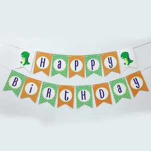 Dinosaur themed Happy Birthday banner with green and orange flags for party decoration
