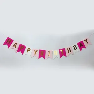 Pink and white Happy Birthday bunting banner with gold foil lettering for party decor