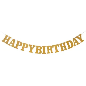 Golden glitter Happy Birthday banner for party decorations on a clean white background