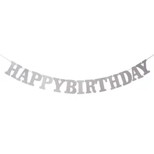 Silver glitter Happy Birthday banner with sparkling sequins for party decoration