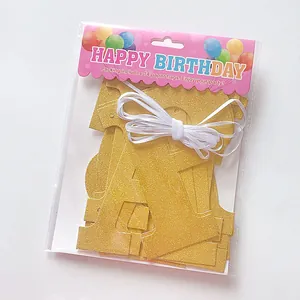 Golden glitter Happy Birthday banner set with 14 paper flags and hanging string