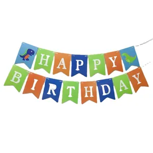 Colorful dinosaur happy birthday banner set with cartoon motifs for kids party decor