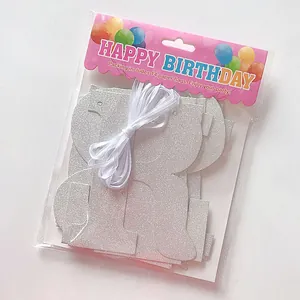Silver glitter Happy Birthday banner set with 14 flags in clear retail packaging