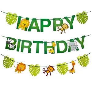 Bannière Joyeux Anniversaire Thème Animaux Jungle Dinosaure Espace Guirlande En Papier Pour Décoration De Fête Enfants
