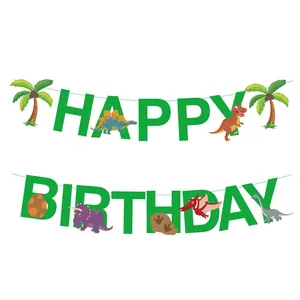 Bannière Happy Birthday dinosaure vert avec divers animaux du Jurassique pour fête