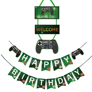 Video Game Theme Birthday Party Decorations Set Controller Happy Birthday Banner Door Welcome Sign Spiral Hanging Swirls Cake Toppers