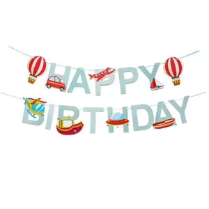 Banderole Happy Birthday avec des dessins animés de voitures et avions pour garçons