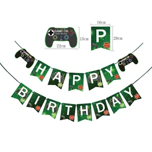 Video game themed birthday banner with Game On controller patterns and size dimensions