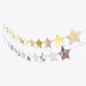 Double-sided gold and silver star bunting with metallic mirror finish for party decor