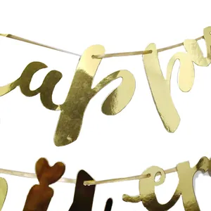 Golden mirror paper Happy Anniversary banner with elegant calligraphy for party decor