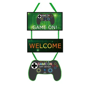 Video game theme welcome door banner with controller icons and green glowing neon design
