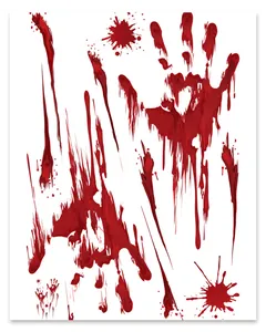 Macro shot of realistic bloody handprint stickers and dripping blood decals for Halloween