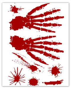Detailed view of Halloween blood splatter stickers featuring red skeletal handprints and drips