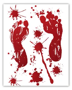 Detail of red bloody footprints and splatter stickers for Halloween party wall decoration