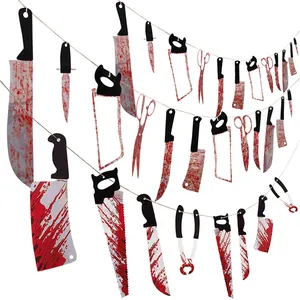 Halloween bloody weapon banner set with realistic bloodstained knives and saws for party decor