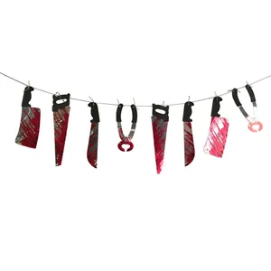 Bloody weapon banner showing realistic horror saws and knives for Halloween decor