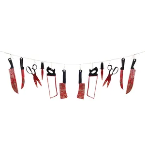 Detailed view of Halloween bloody knife banners with realistic splatter effect on tools
