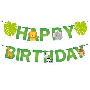 Banderole anniversaire animaux de la jungle avec lion, éléphant et décor tropical
