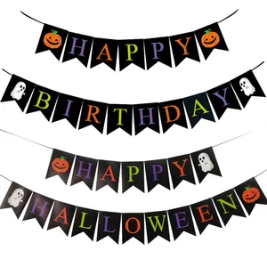 Set de bannières Halloween et Anniversaire en carton noir avec citrouille et fantôme