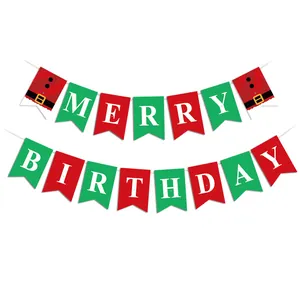 Merry Birthday Christmas banner with festive red and green letters and Santa patterns