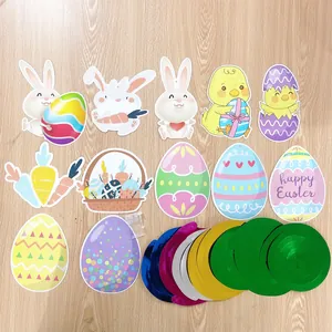Easter party decoration set with cartoon bunnies, eggs, and colorful hanging swirls