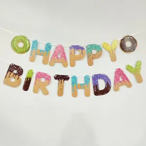Donut Theme Happy Birthday Banner Cake Toppers Set Paper Sweet Party Decorations For Kids Birthday Party Supplies