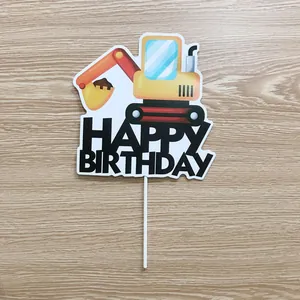 Cartoon excavator birthday cake topper with Happy Birthday text for construction party