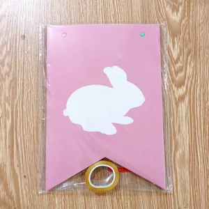 Pink Happy Easter banner kit with white bunny silhouette banners and gold hanging ribbon