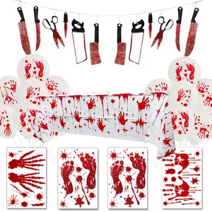 Kit Halloween con striscione attrezzi insanguinati, palloncini e adesivi spaventosi