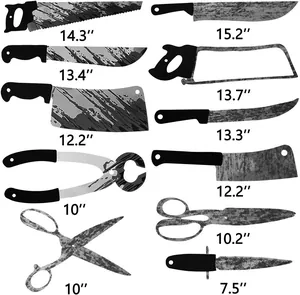 Detailed size chart of 11-piece bloody Halloween prop weapon set for spooky decoration