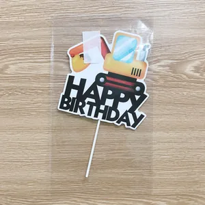 Cartoon excavator birthday cake topper with yellow construction truck theme design