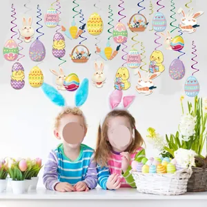 Set de decoración de Pascua con espirales de colores, conejitos y huevos de papel