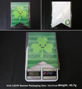 Detailed view of Irish Lucky banner packaging size 16x21cm and weight 40.7g on scale