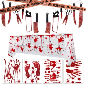 Detailed Halloween decor set with bloody handprint stickers and fake blood weapon banners