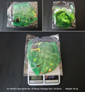 Detail view of 14-piece green shamrock hanging swirl decorations with packaging and weight