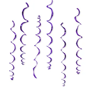 Detailed view of six purple metallic PVC spiral streamers for wedding and party decorations