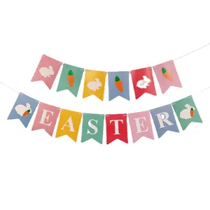 Happy Easter party banner set with colorful bunting flags, rabbits, and carrots decoration